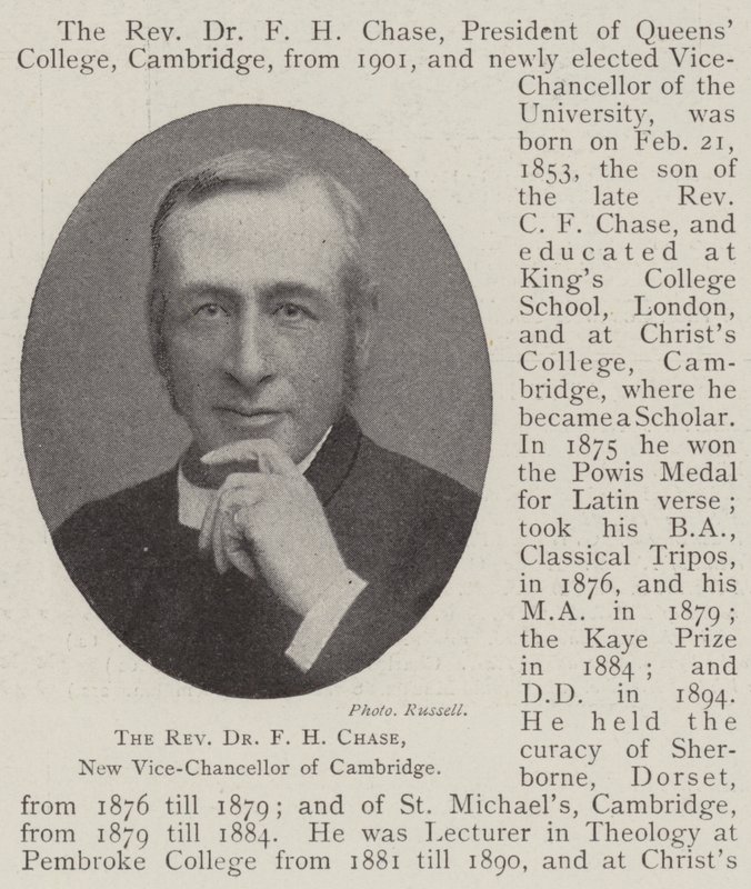 Wielebny dr F H Chase, nowy wicekanclerz Cambridge autorstwa English Photographer