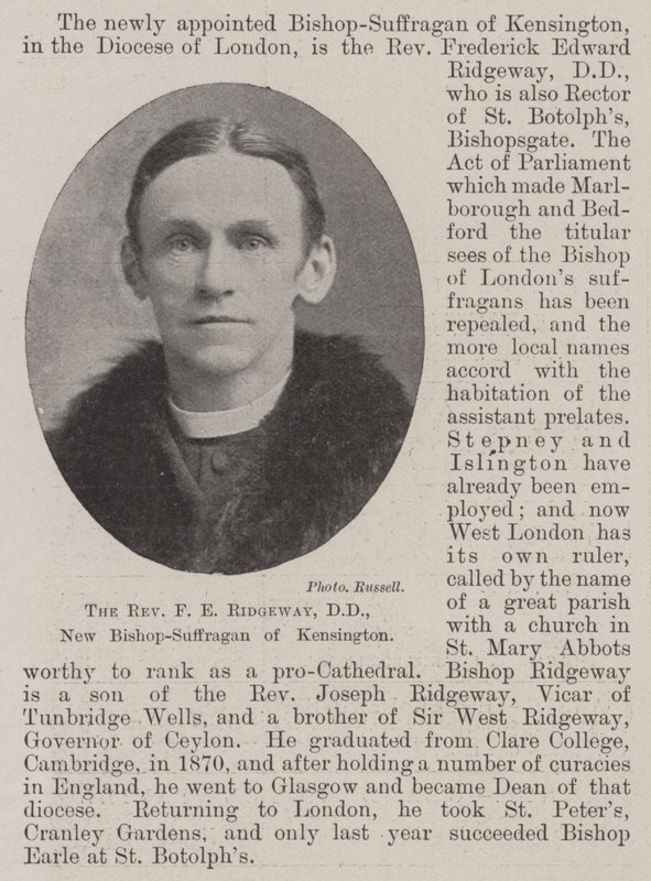Wielebny F E Ridgeway, DD, nowy biskup-sufragan Kensington autorstwa English Photographer