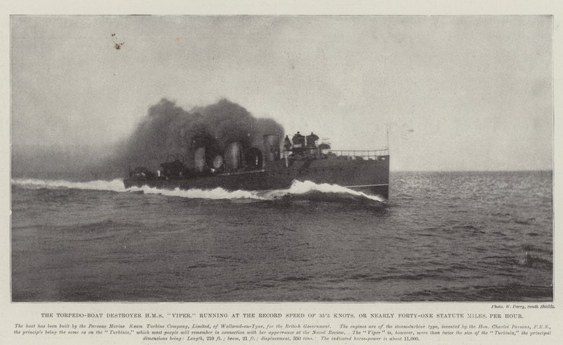 Niszczyciel łodzi torpedowych HMS Viper, poruszający się z rekordową prędkością 35,5 węzła, czyli prawie czterdziestu jeden mil statutowych na godzinę autorstwa English Photographer