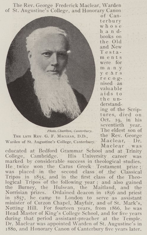 Nieżyjący już wielebny GF Maclear, DD, Warden of St Augustines College w Canterbury autorstwa English Photographer