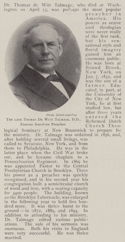 Nieżyjący już Thomas de Witt Talmage, DD, słynny amerykański kaznodzieja autorstwa English Photographer
