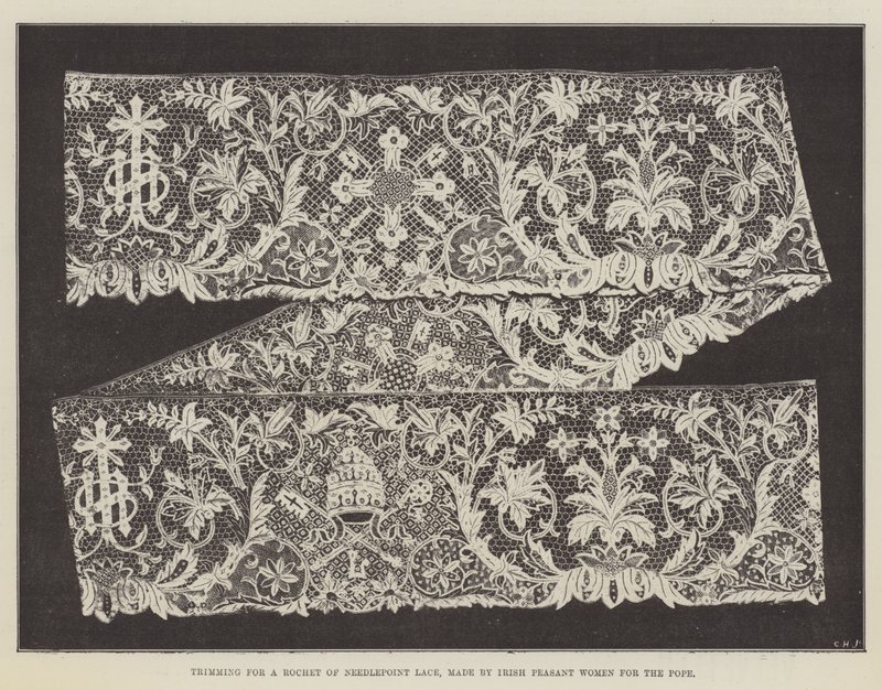 Obszycie do Rochet of Needlepoint Lace, wykonane przez irlandzkie wieśniaczki dla papieża autorstwa English Photographer
