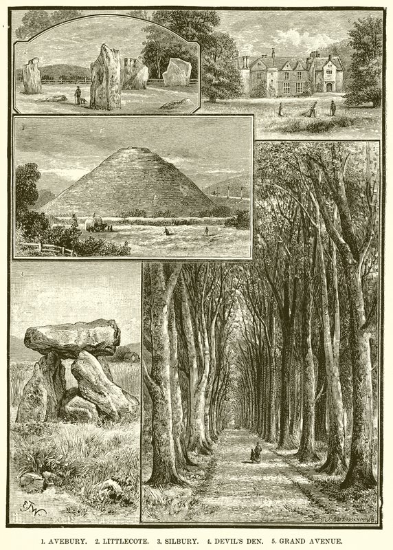 1. Avebury. 2. Littlecote. 3. Silbury. 4.Diabły Legowisko. 5. Wielka Aleja autorstwa English School