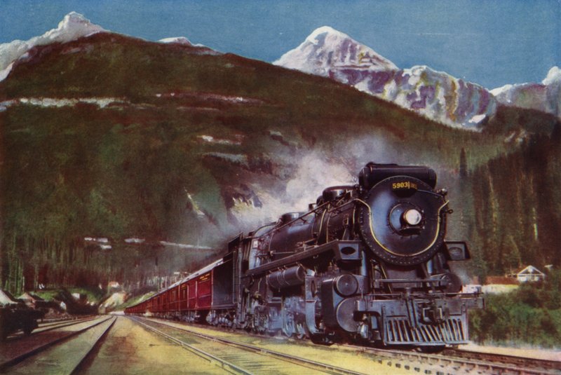 Parowóz 2-10-4 Canadian Pacific Railway u podnóża Gór Skalistych w Kanadzie (kolor lito) autorstwa English School