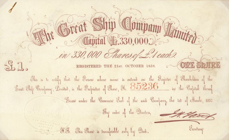 Certyfikat akcji o wartości 1 GBP wystawiony przez The Great Ship Company Limited autorstwa English School