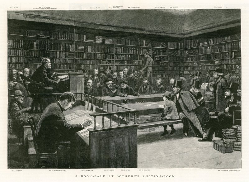 Wyprzedaż książek w sali aukcyjnej Sothebys autorstwa English School