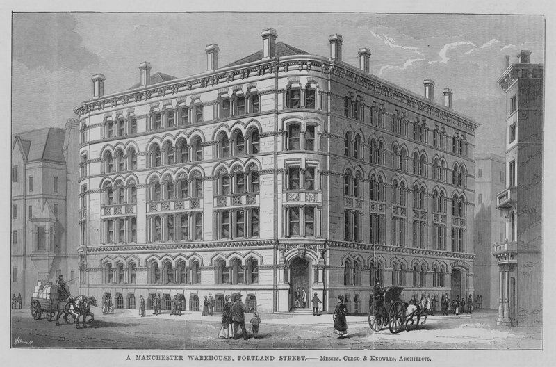 Magazyn w Manchesterze, Portland Street, panowie Clegg i Knowles, architekci. Ilustracja dla budowniczego autorstwa English School