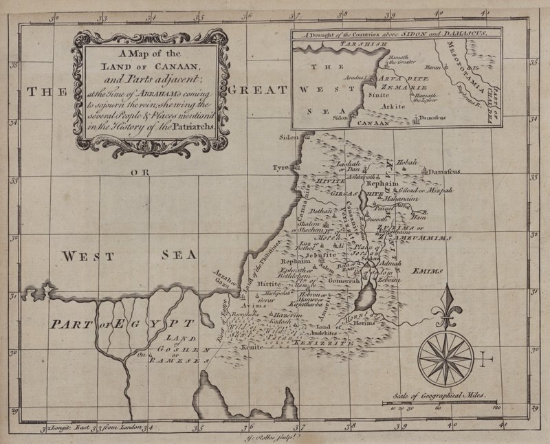 Mapa Ziemi Kanaan i jej przyległych części w czasie, gdy Abraham przybył, aby zamieszkać w niej, z zaznaczeniem kilku osób i miejsc wspomnianych w Historii Patriarchów (rycina) autorstwa English School