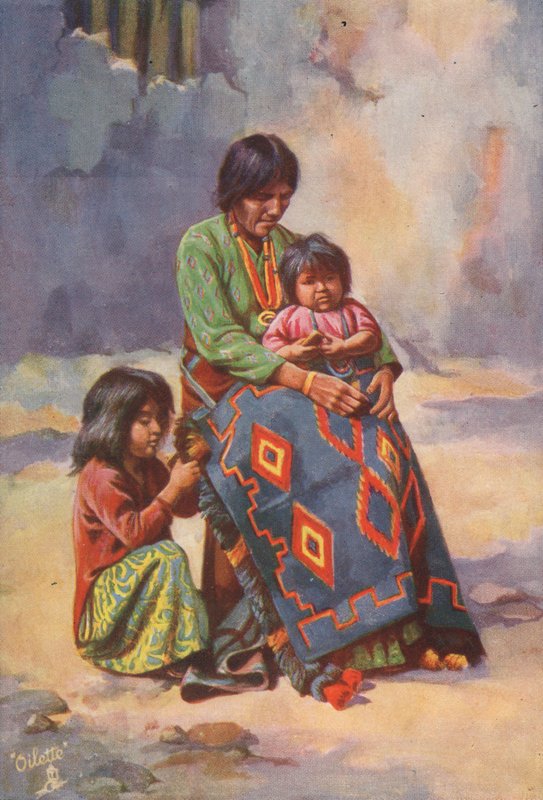 Indianin Navajo z dziećmi (kolorowa litografia) autorstwa English School