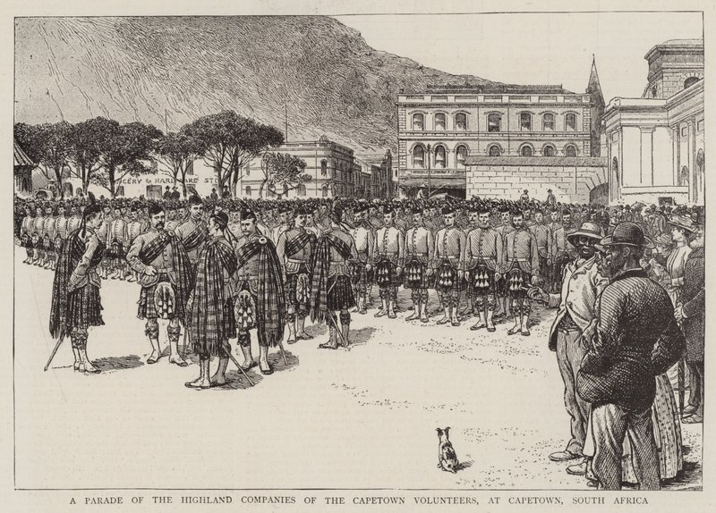 A Parade of the Highland Companies of the Capetown Volunteers, w Capetown, Republika Południowej Afryki (grawerowanie) autorstwa English School
