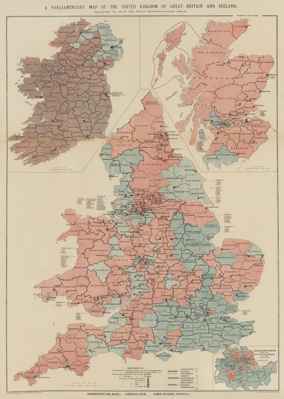 Parlamentarna mapa Zjednoczonego Królestwa Wielkiej Brytanii i Irlandii (kolor lito) autorstwa English School