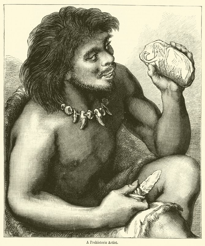 Prehistoryczny artysta (rycina) autorstwa English School