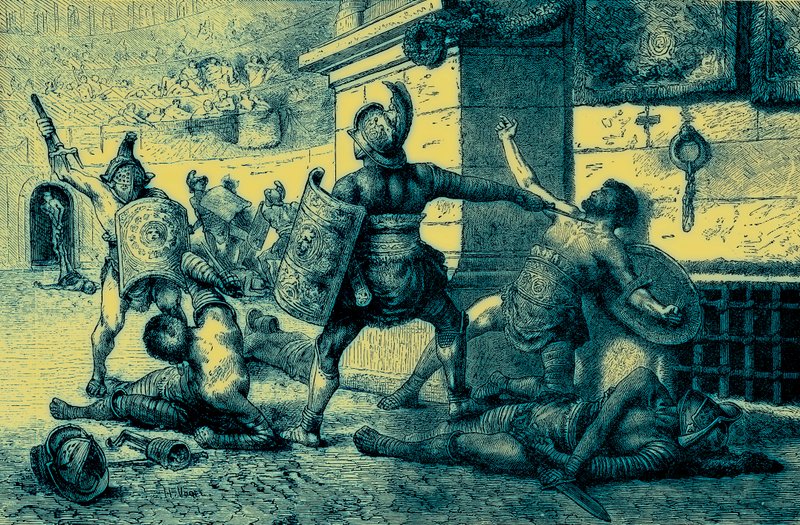 Święto rzymskie, walka gladiatorów, ilustracja z Ilustrowanej Historii Świata, wydana ok. 1880 r. (obraz ulepszony cyfrowo) autorstwa English School