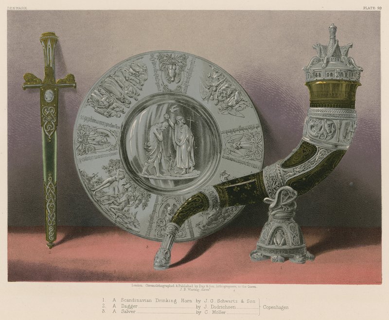 Skandynawski róg do picia J G Schwartz and Son, Sztylet J. Didrichsena, Salver C Mollera, Kopenhaga autorstwa English School