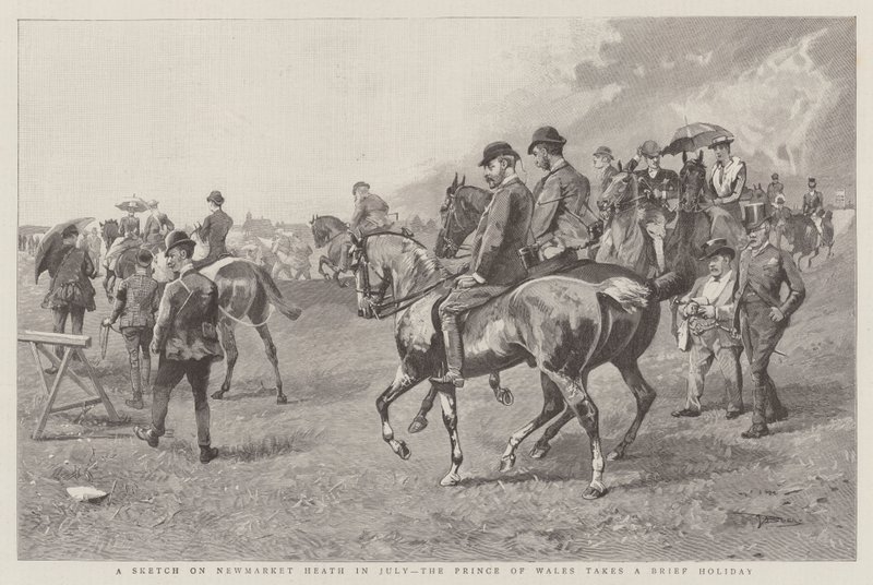 Szkic na Newmarket Heath w lipcu, książę Walii bierze krótkie wakacje (grawerowanie) autorstwa English School
