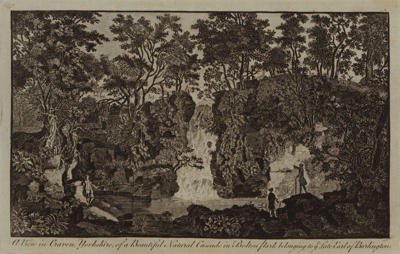Widok w Craven, Yorkshire, pięknej naturalnej kaskady w Bolton Park należącej do późnego hrabiego Burlington (rycina) autorstwa English School