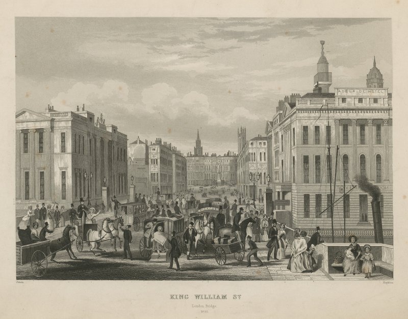Ruchliwa scena uliczna na King William Street autorstwa English School