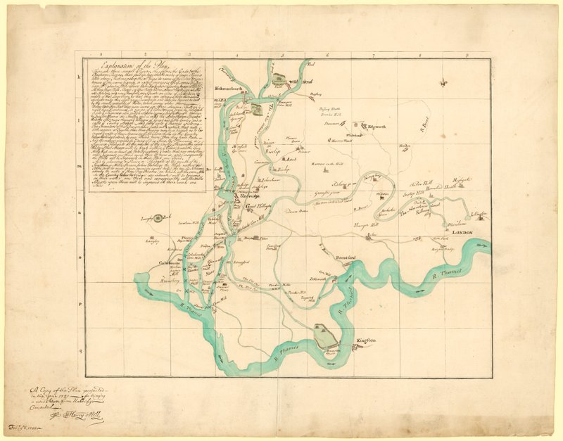 Kopia planu sprowadzenia nowej rzeki z Uxbridge z 1721 r., poprawiona 6 lutego 1766 r. autorstwa English School