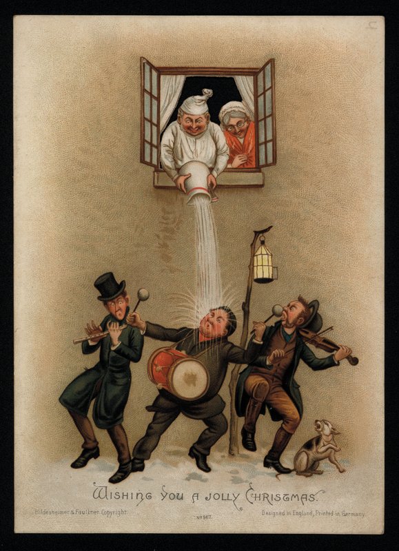 Para sprzeciwiająca się śpiewakom kolęd za oknem, kartka z życzeniami bożonarodzeniowymi (chromolitho) autorstwa English School