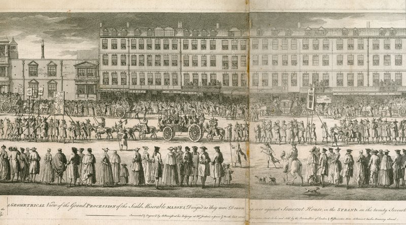Geometryczny widok wielkiej procesji Scald Miserable Masons, Somerset House, Londyn autorstwa English School