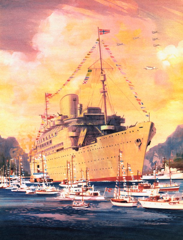 Wielki moment w historii Royal Mail Line, Andes przybywa do Oslo w 1945 roku (litografia kolorowa) autorstwa English School