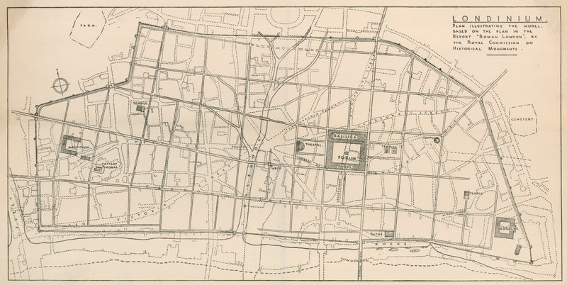 Mapa modelu rzymskiego Londynu na wystawie w Undercroft All-Hallows-by-the-Tower autorstwa English School