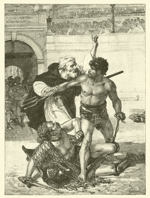 Mnich Telemach próbujący powstrzymać igrzyska gladiatorów w Koloseum w Rzymie (rycina) autorstwa English School