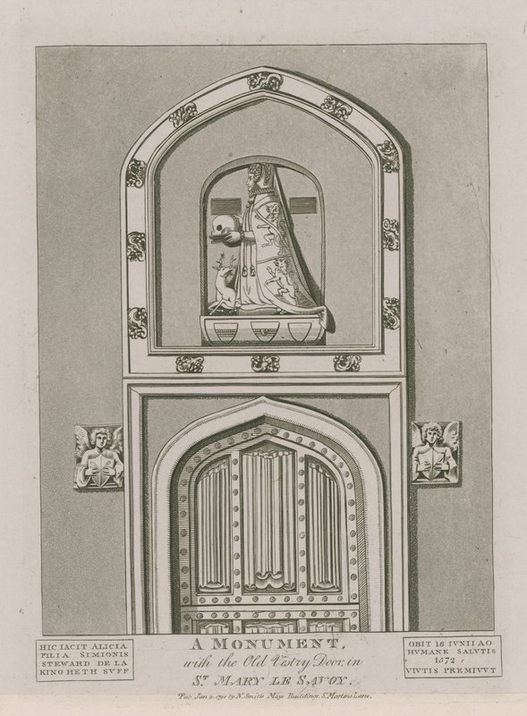 Pomnik ze starymi drzwiami zakrystii w St Mary le Savoy autorstwa English School