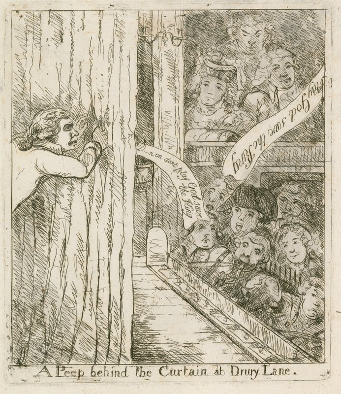 Spojrzenie za zasłonę na Drury Lane; kreskówka autorstwa English School