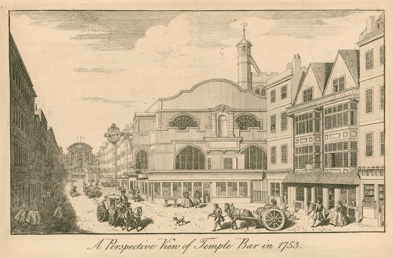 Perspektywiczny widok na Temple Bar w Londynie w 1753 r autorstwa English School