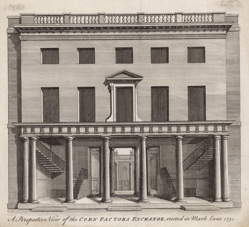 Widok perspektywiczny giełdy czynników kukurydzianych, wzniesionej w Mark Lane 1751 autorstwa English School