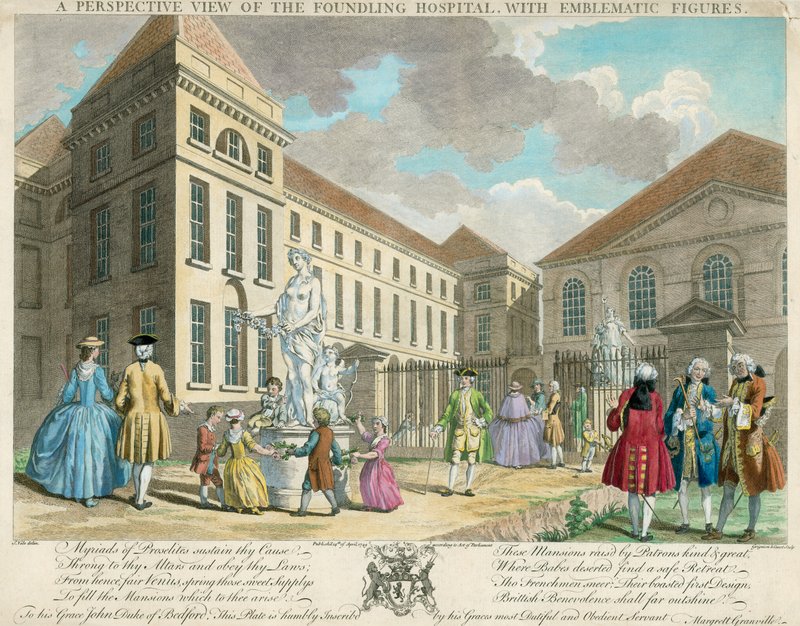 Widok perspektywiczny szpitala Foundling z emblematycznymi postaciami autorstwa English School