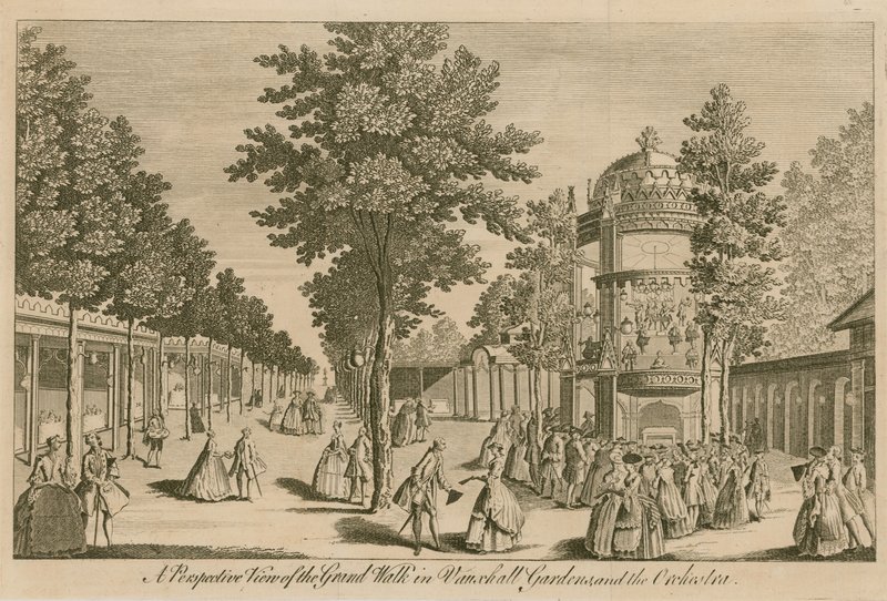 Perspektywiczny widok na Grand Walk w Vauxhall Gardens w Londynie i The Orchestra autorstwa English School