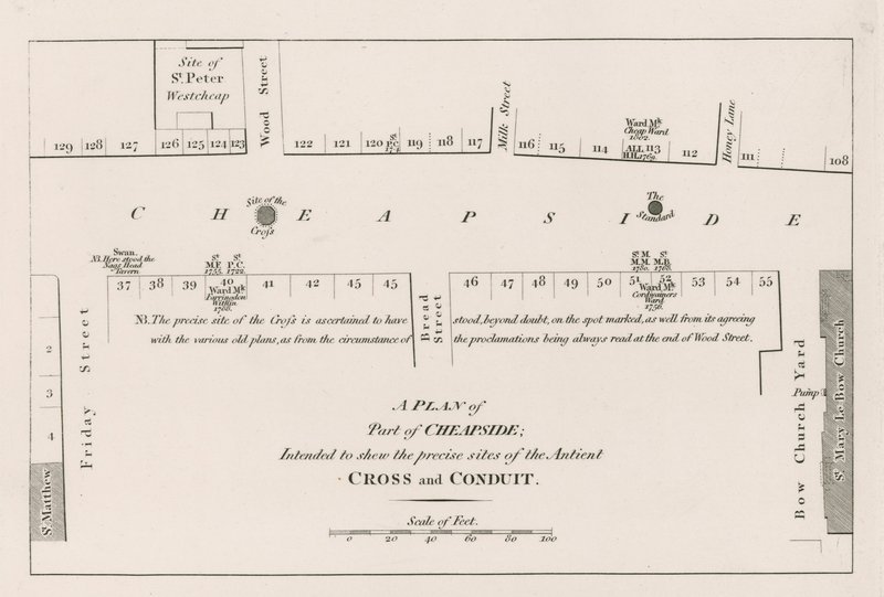 Plan Cheapside w Londynie, mający na celu pokazanie dokładnych lokalizacji starożytnego Krzyża i Kanału autorstwa English School