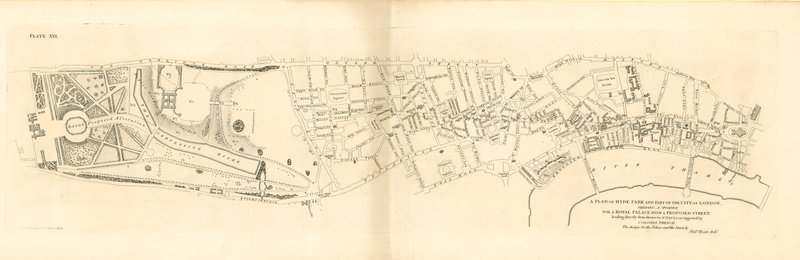 Plan Hyde Parku i części londyńskiego City, pokazujący pozycję dla Pałacu Królewskiego autorstwa English School
