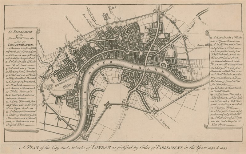 Plan miasta i przedmieść Londynu ufortyfikowany rozporządzeniem Parlamentu w latach 1642 i 1643 autorstwa English School