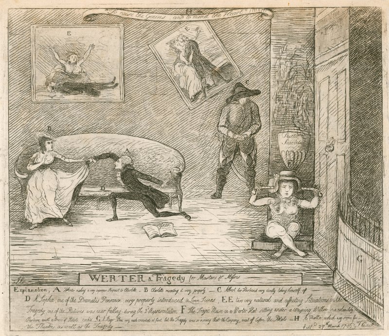 Scena z burleski F Reynoldss Werter, po raz pierwszy wystawiona w Covent Garden Theatre w Londynie, 14 marca 1786 autorstwa English School