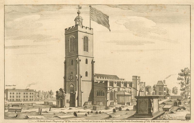 Południowo-zachodnia perspektywa kościoła St Dunstans Church w Stepney w Londynie autorstwa English School