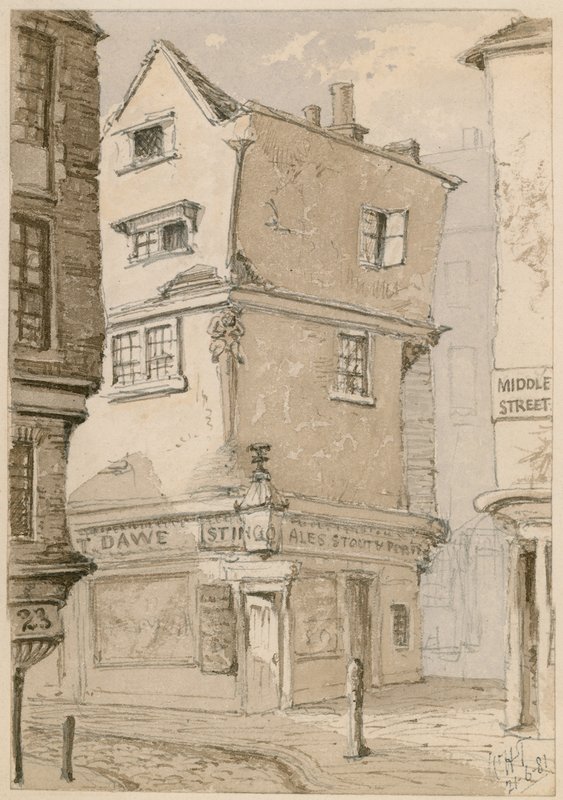 Róg ulicy w Cloth Fair, Smithfield, Londyn, szkic akwarelą, 1881 (wc na papierze) autorstwa English School
