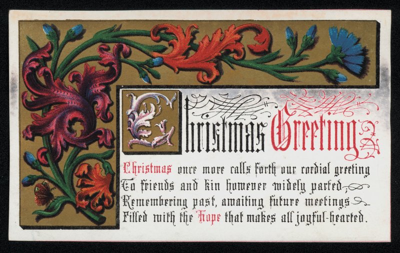 Wiersz z kwiatowym wzorem przewijania, kartka z życzeniami świątecznymi. (chromolit) autorstwa English School