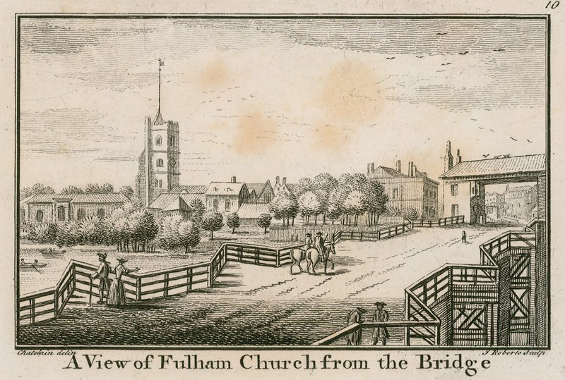 Widok na kościół Fulham w Londynie z mostu Fulham Bridge autorstwa English School