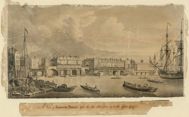 Widok na London Bridge przed późną przebudową jak w 1757 roku autorstwa English School