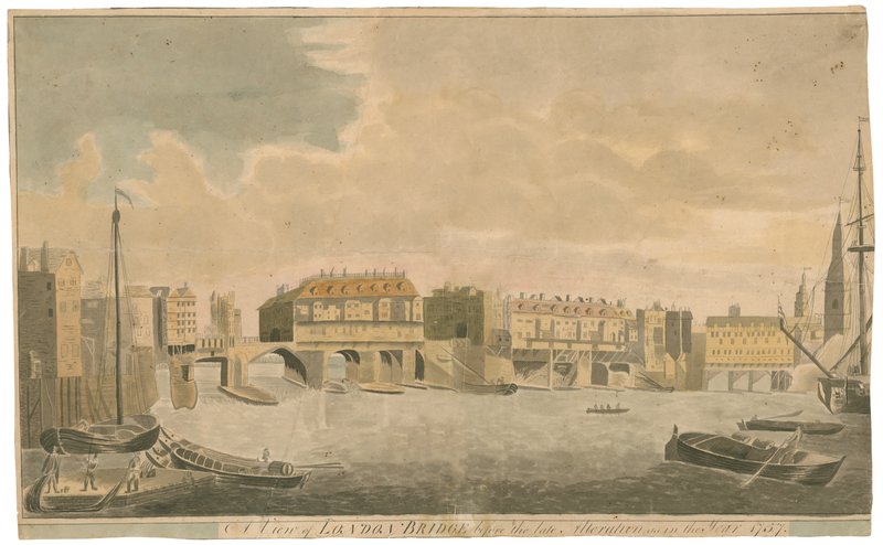 Widok na Old London Bridge przed przebudową, jak w 1757 r. autorstwa English School