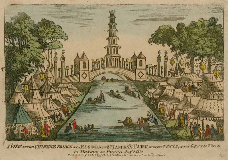 Widok na most chiński i pagodę w parku św. Jakuba z namiotami na uroczystym festynie ku czci pokoju, 1 sierpnia 1814 r. autorstwa English School