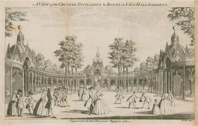 Widok na chińskie pawilony i boksy w Vauxhall Gardens w Londynie autorstwa English School