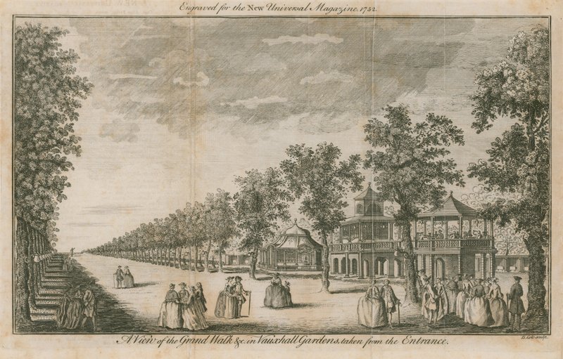 Widok z wejścia na Grand Walk w Vauxhall Gardens w Londynie autorstwa English School