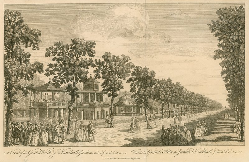 Widok z wejścia na Grand Walk w Vauxhall Gardens w Londynie autorstwa English School