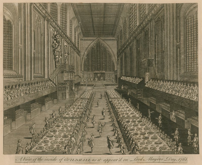 Widok Guildhall w Londynie, tak jak pojawił się w Dzień Lorda Burmistrza, 1761 r autorstwa English School