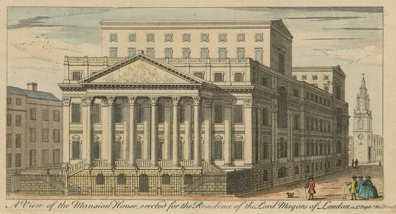 Widok na Mansion House, wzniesiony na rezydencję Lordów Burmistrzów Londynu autorstwa English School
