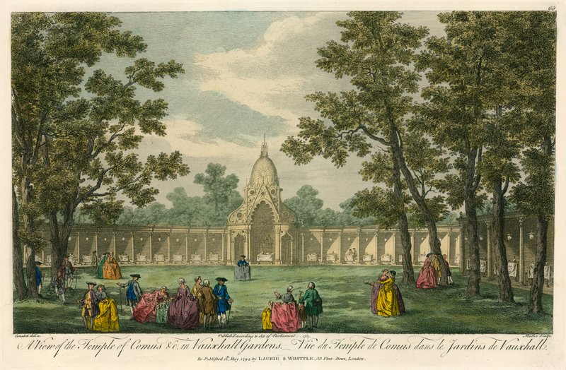 Widok na Świątynię Comusa w Vauxhall Gardens w Londynie autorstwa English School